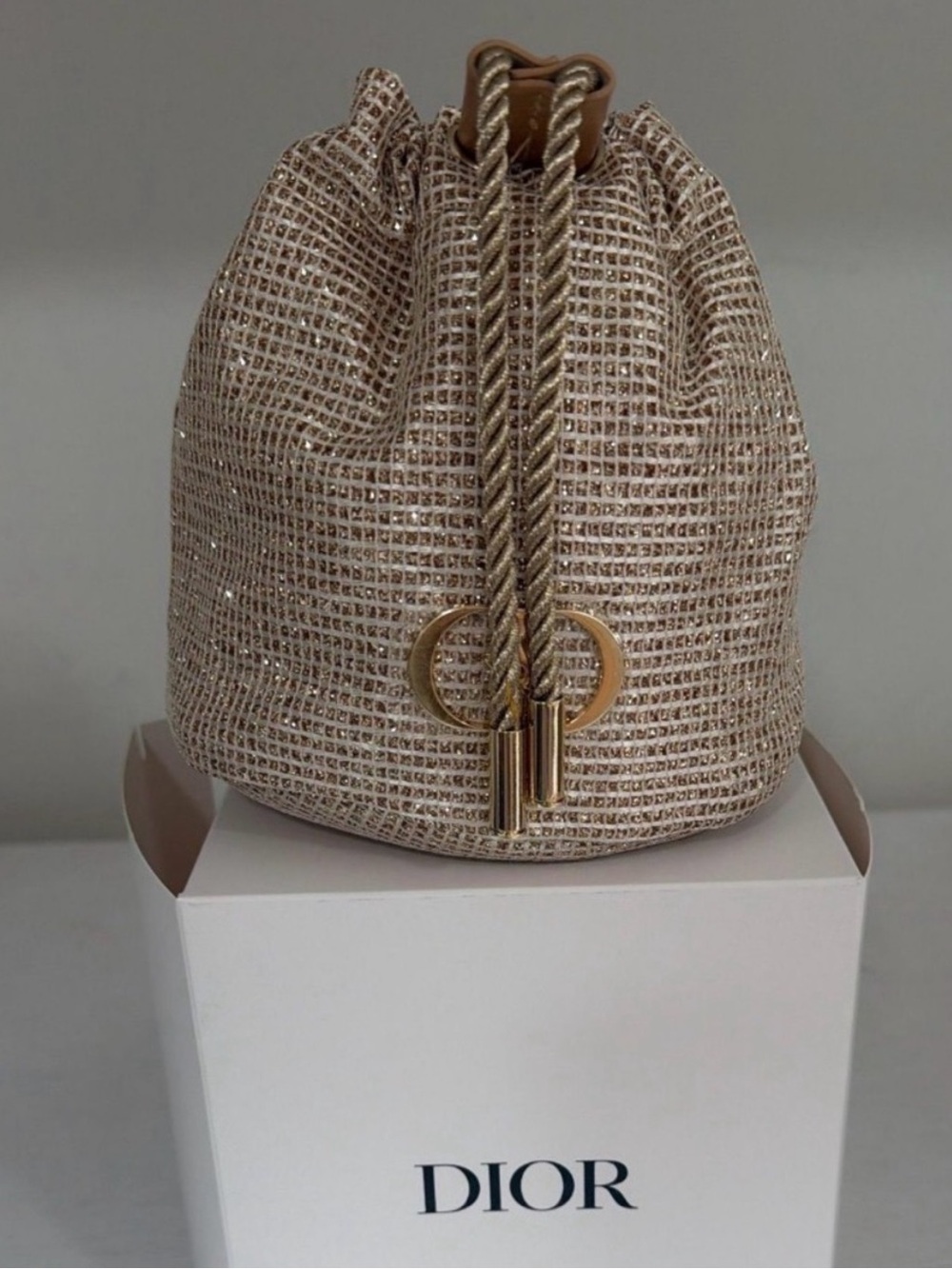 Dior Metallic Champagne Drawstring Mini Bucket Bag